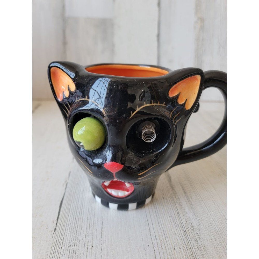 Dept 56 34599 AS IS Black‎ cat mug google eyes Halloween home decor